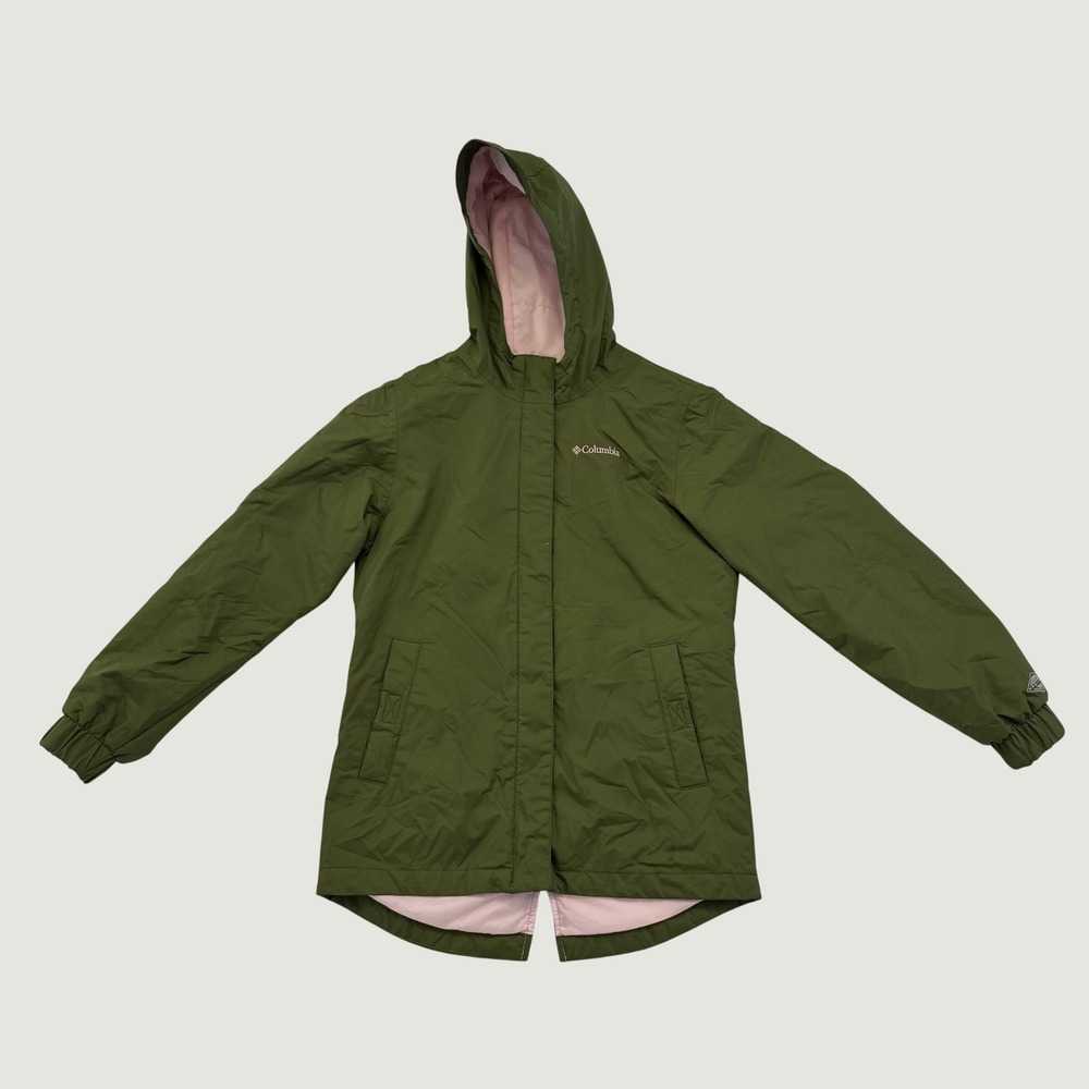 Columbia Girls Size L 14/16 Green Hooded Rain Jacket Pink Lining Waterproof